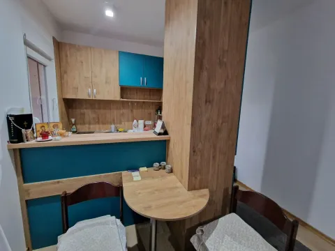 Smaller kitchen with wooden cabinets and a dining counter. - image 13