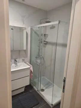 Svijetlo kupatilo sa staklenom tuš kabinom i bijelim lavaboom. - image 15