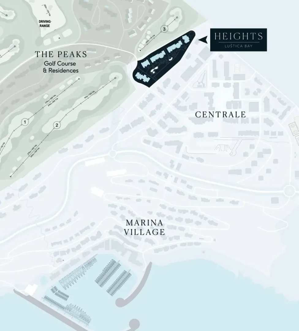 Mapa lokacije sa prikazom naselja i golf terena.