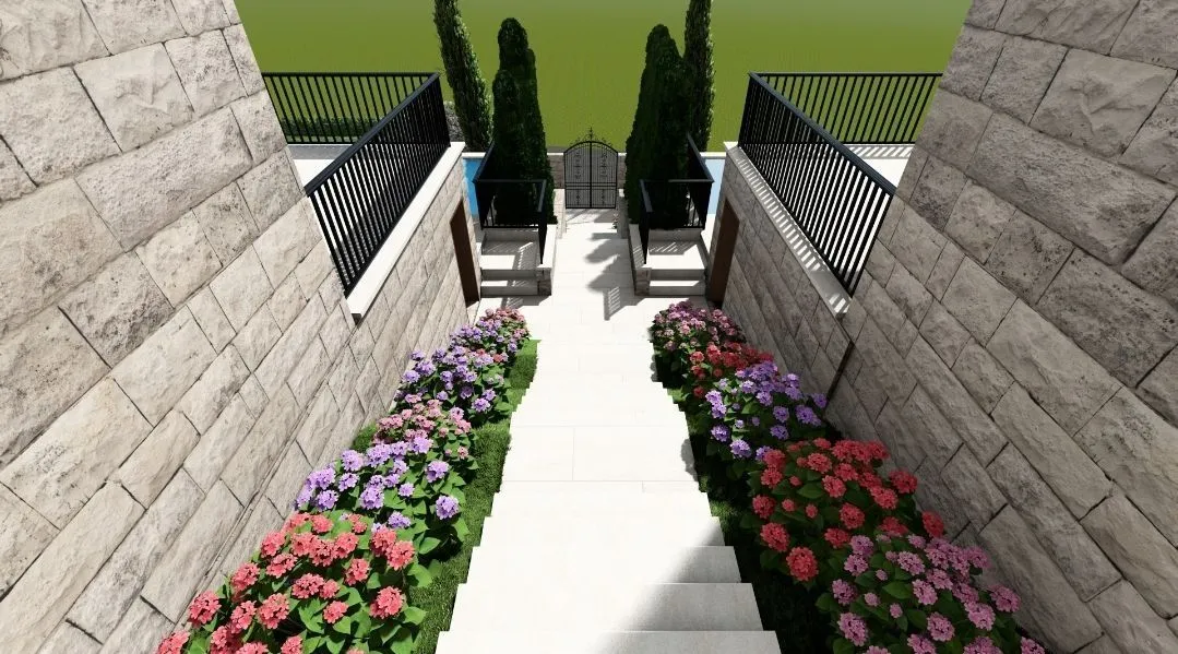 3D vizuelizacija spoljašnjeg stepeništa sa kamenim zidovima i cvijećem.