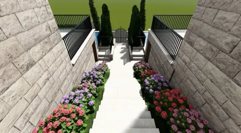 3D vizuelizacija spoljašnjeg stepeništa sa kamenim zidovima i cvijećem. - image 7
