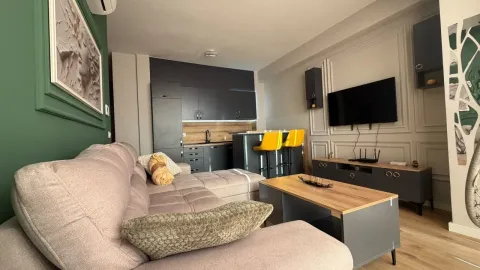 Dnevna soba sa garniturom, televizorom i kuhinjom u pozadini. - image 7