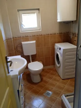 Smaller bathroom with sanitary fixtures, a shower cabin, and a washing machine. - image 12