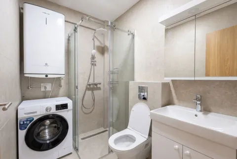 Modern bathroom equipped with a walk-in shower, washbasin, toilet, washing machine, and water heater. - image 5