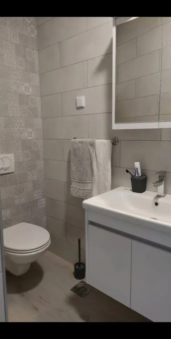 Small bathroom with a sink, toilet, and wall cabinet.