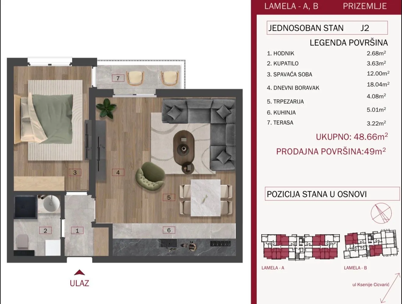 Osnova jednosobnog stana sa rasporedom prostorija i površinama.