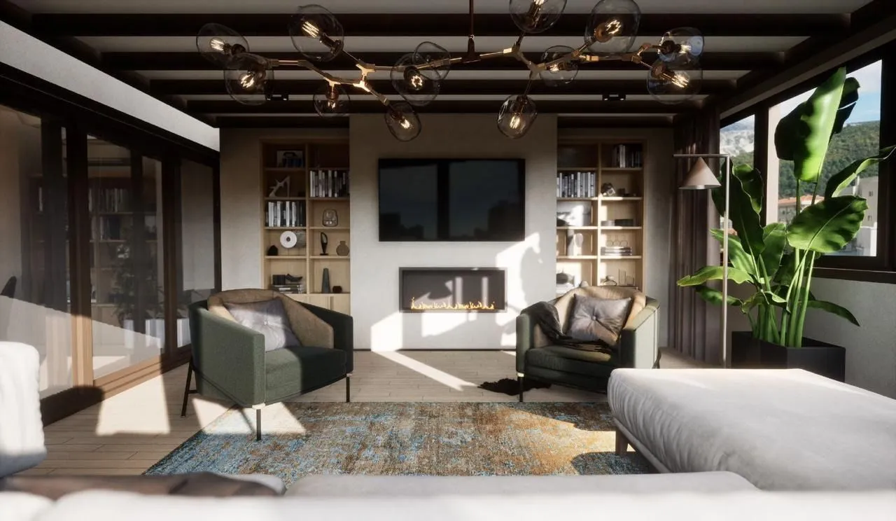 Spacious living room with a fireplace, television, built-in shelving, and a modern chandelier.