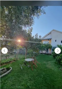 Dvorište kuće sa zelenim travnjakom, drvećem i baštenskim stolom pod suncem. - image 7