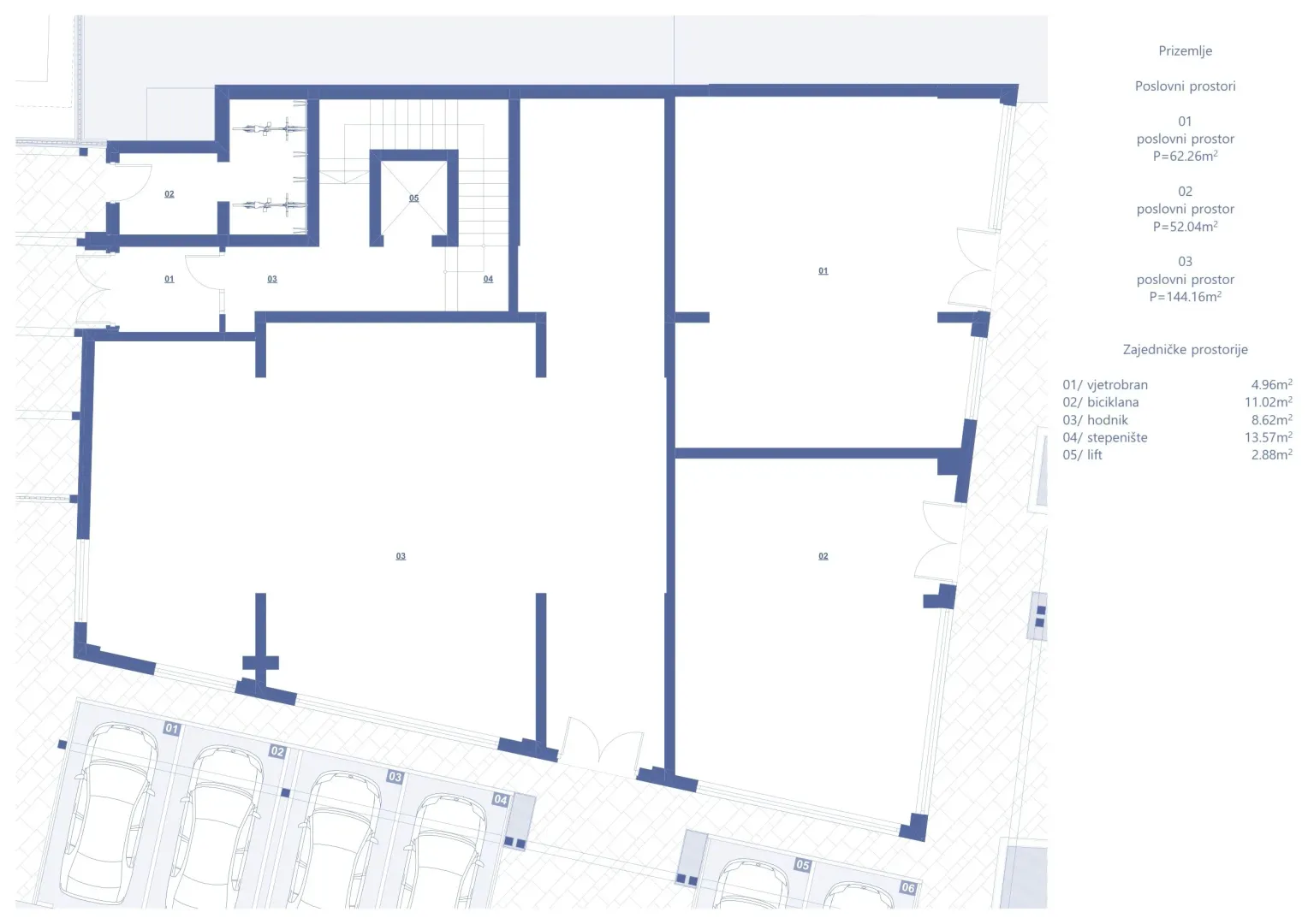 Architectural floor plan of the ground floor with commercial spaces and parking lots.