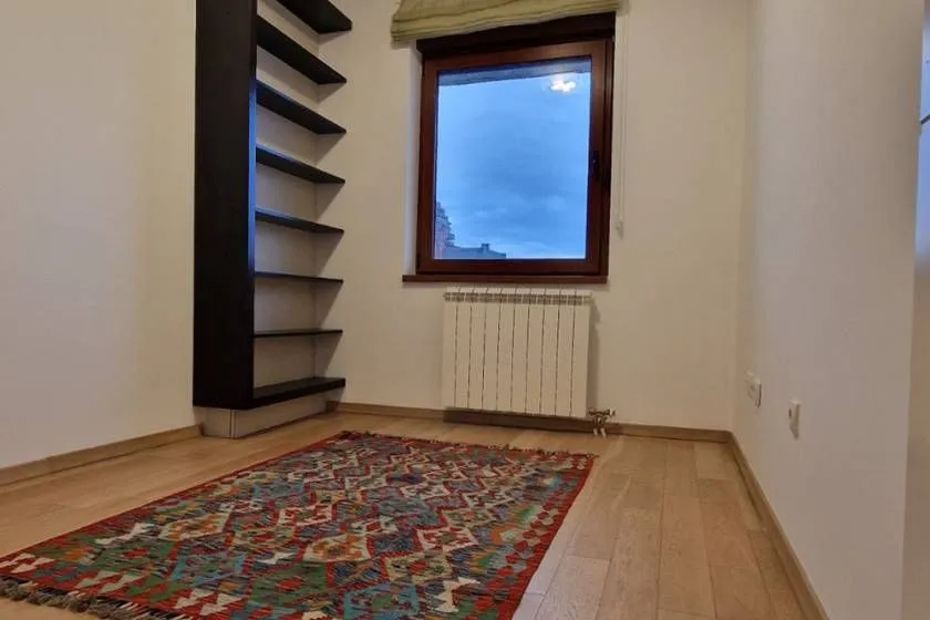 Small room with a wooden bookshelf, a window, and a colorful rug on the floor.