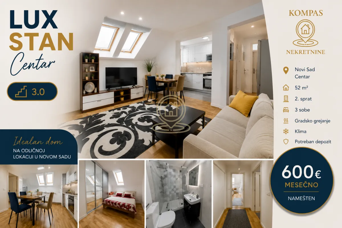 Izdavanje, trosoban stan, 52m², Centar, Novi Sad