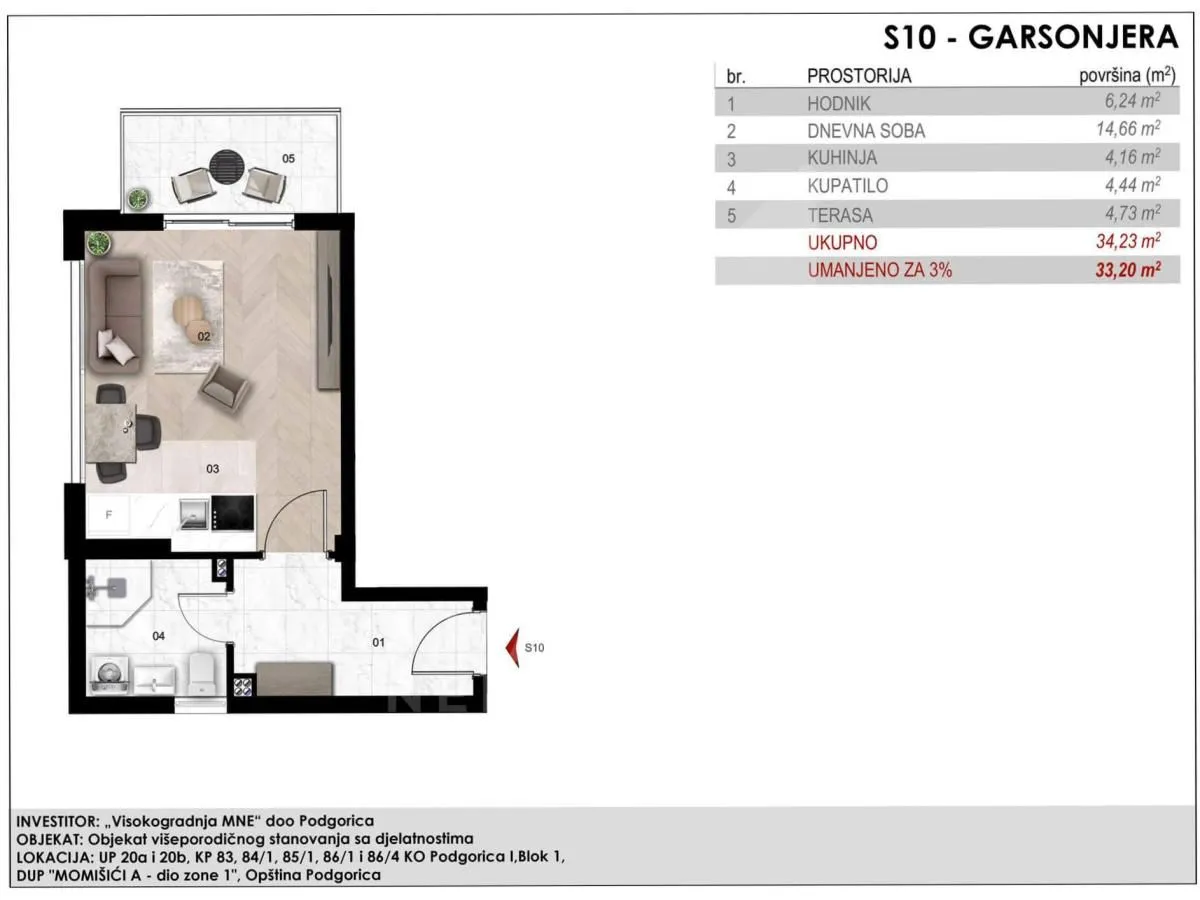 Prodaja, garsonjera, 33m², Momišići, Podgorica