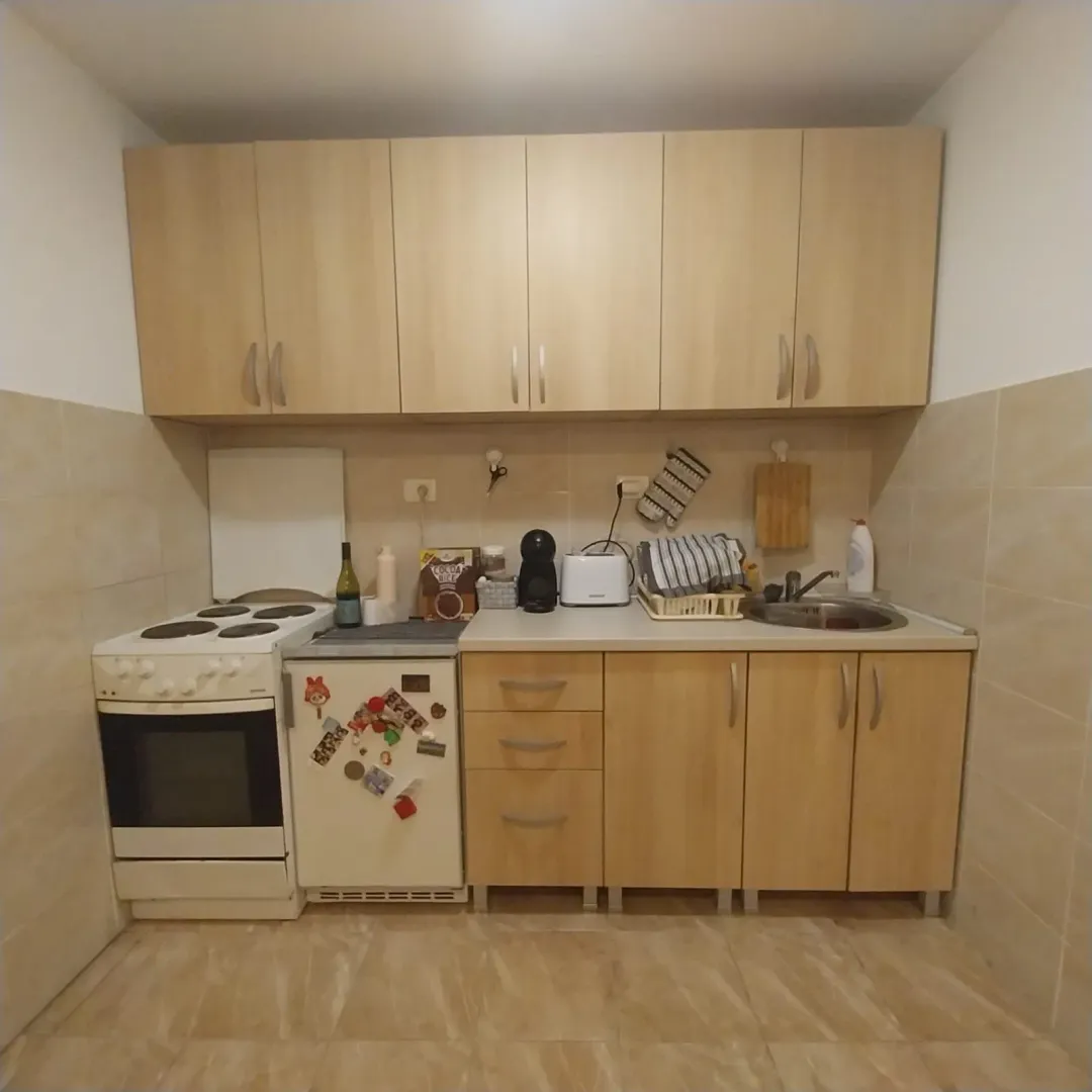 Manja kuhinja sa svijetlim drvenim elementima i štednjakom.