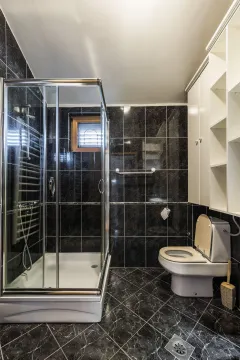 A bathroom with a shower cabin, dark tiles, and white cabinets. - image 11