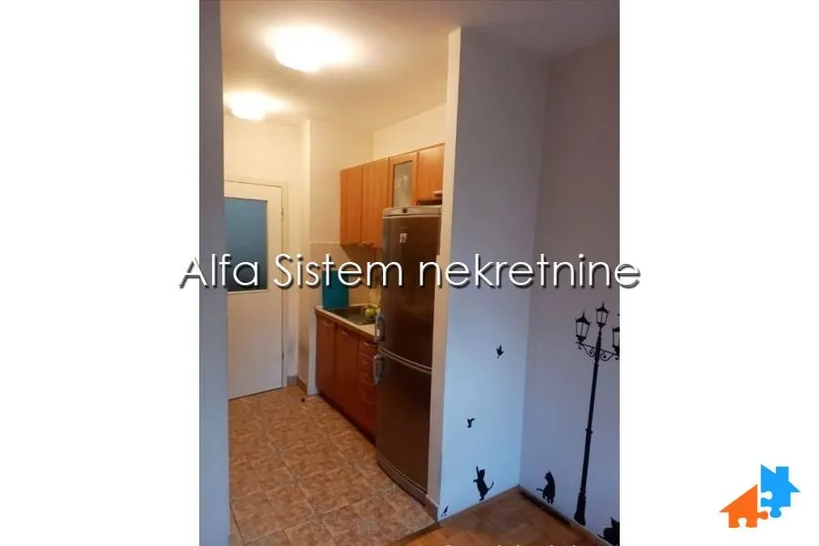 Pogled na manju kuhinju sa drvenim elementima i frižiderom.