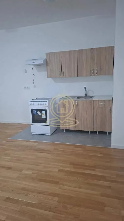 Manja kuhinja sa drvenim elementima i štednjakom.