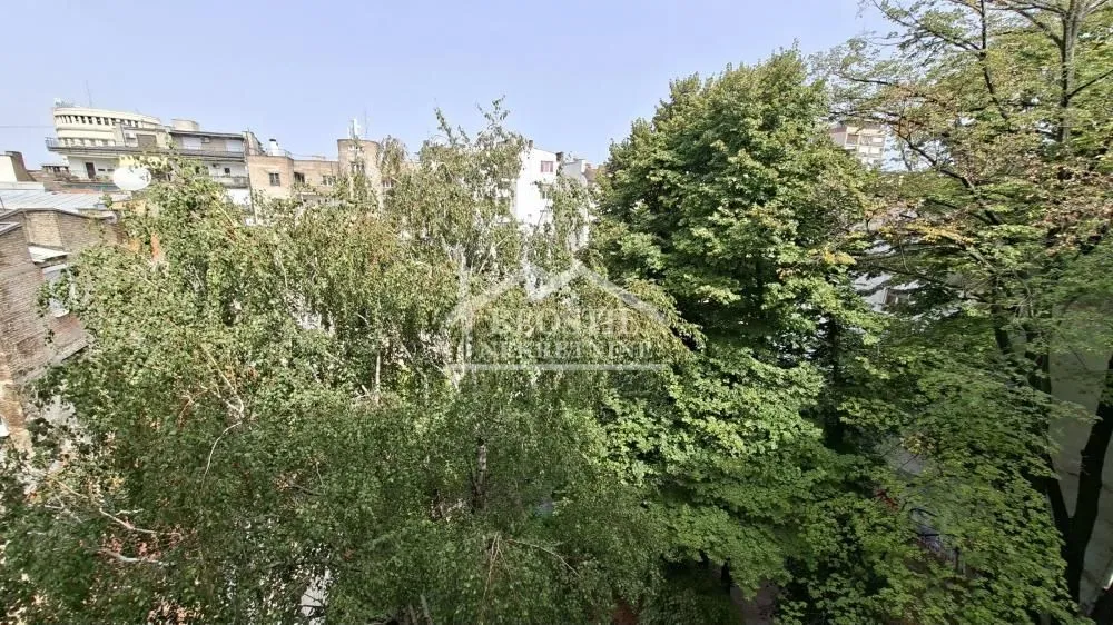 Pogled sa prozora na drveće i okolne zgrade.