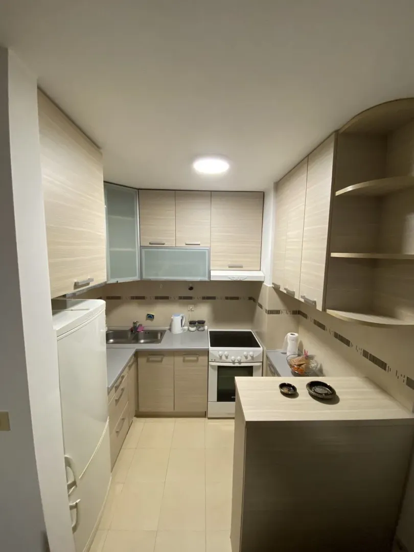 Functional kitchen in light tones with built-in elements.