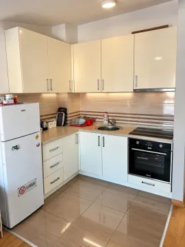 Manja kuhinja sa svijetlim elementima, frižiderom i ugradnom rernom. - image 4