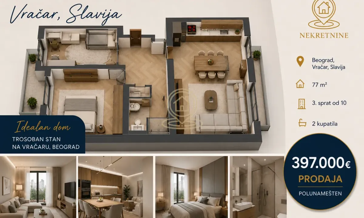 Sale, three bedroom apartment, 77m², Slavija, Vračar Sve Podlokacije