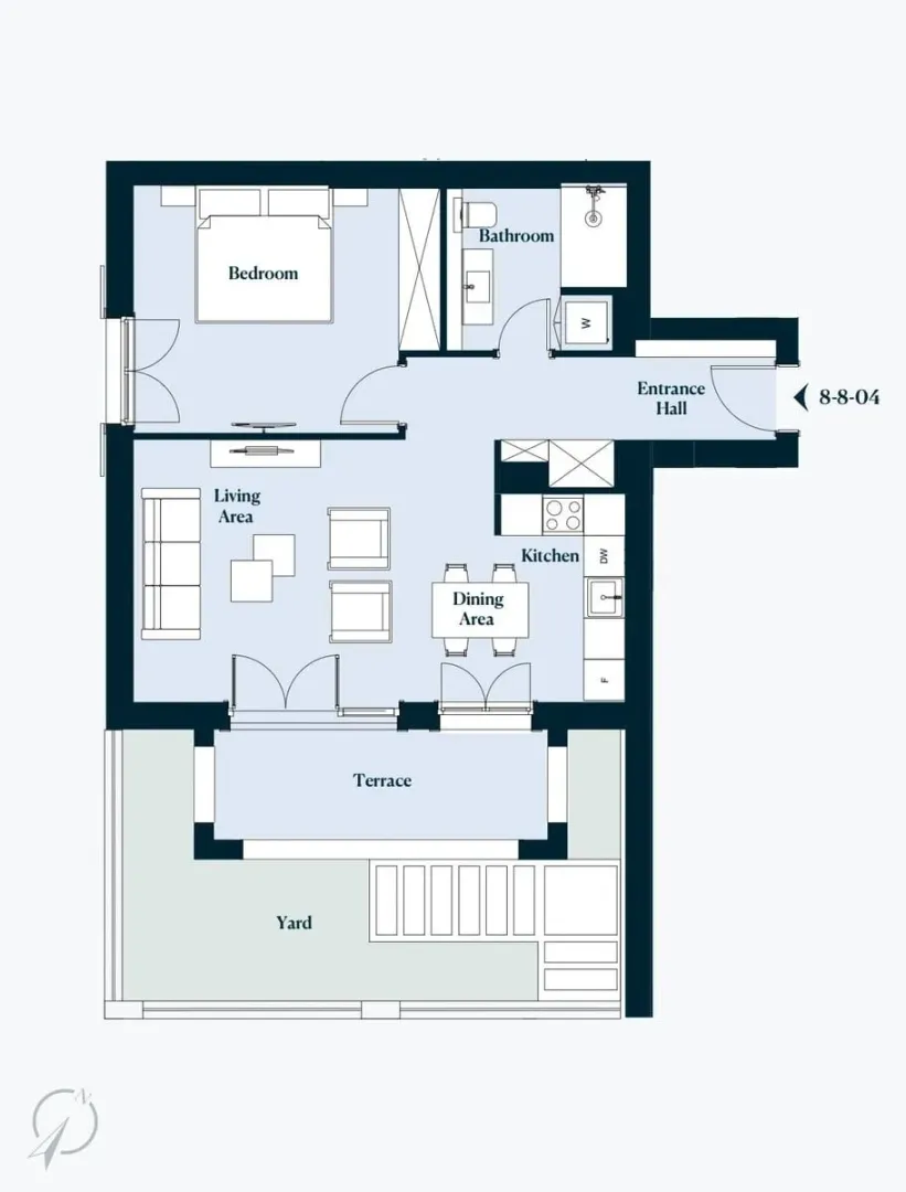 Floor plan of a one-bedroom apartment with a terrace and yard.