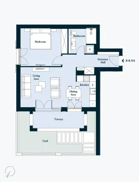 Floor plan of a one-bedroom apartment with a terrace and yard. - image 11