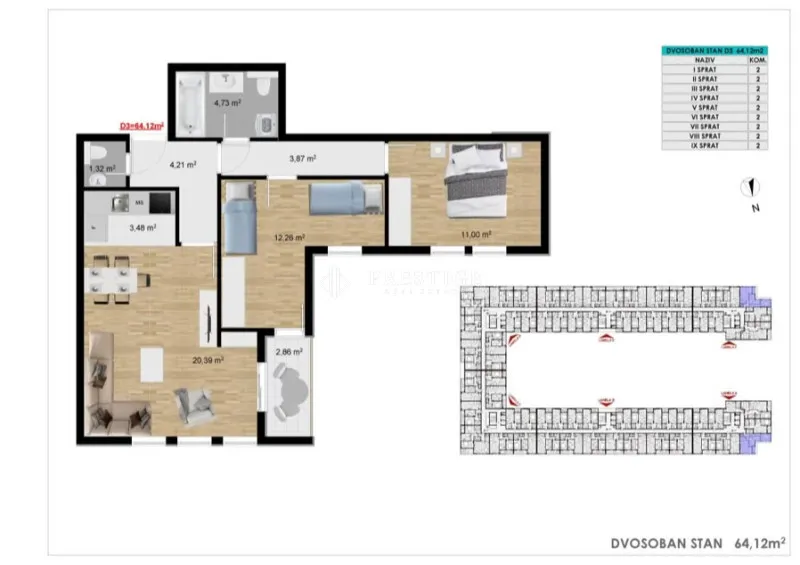 Sale, two bedroom apartment, 64m², Stari Aerodrom, Podgorica