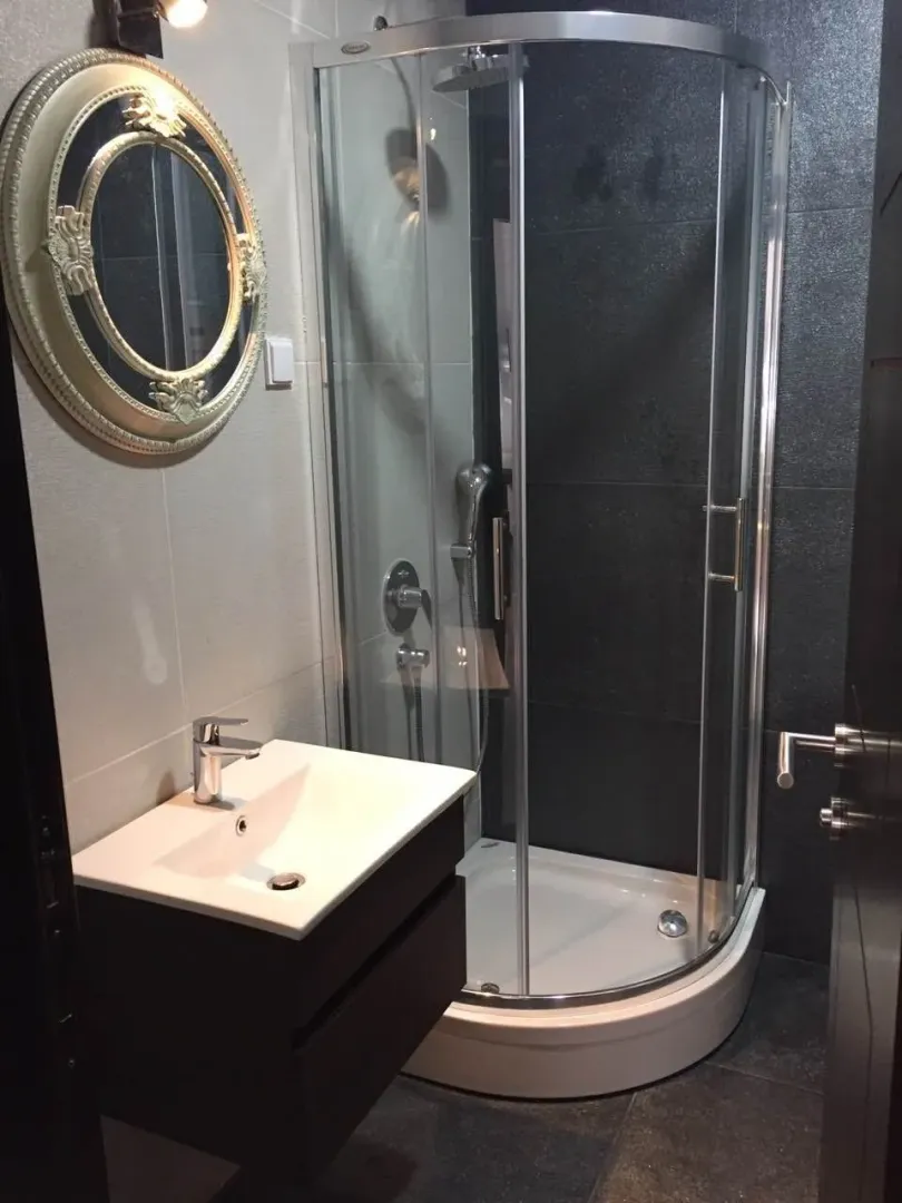 A bathroom featuring a shower cabin and a vanity sink with a mirror.