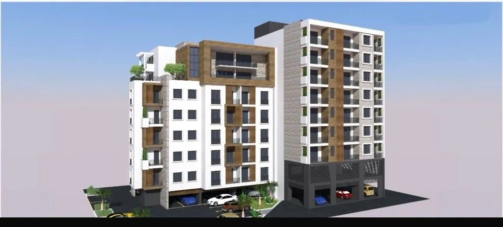 3D render stambene zgrade sa parkingom u prizemlju.