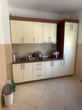 Manja kuhinja sa bež elementima i drvenim radnim dijelom. - image 7