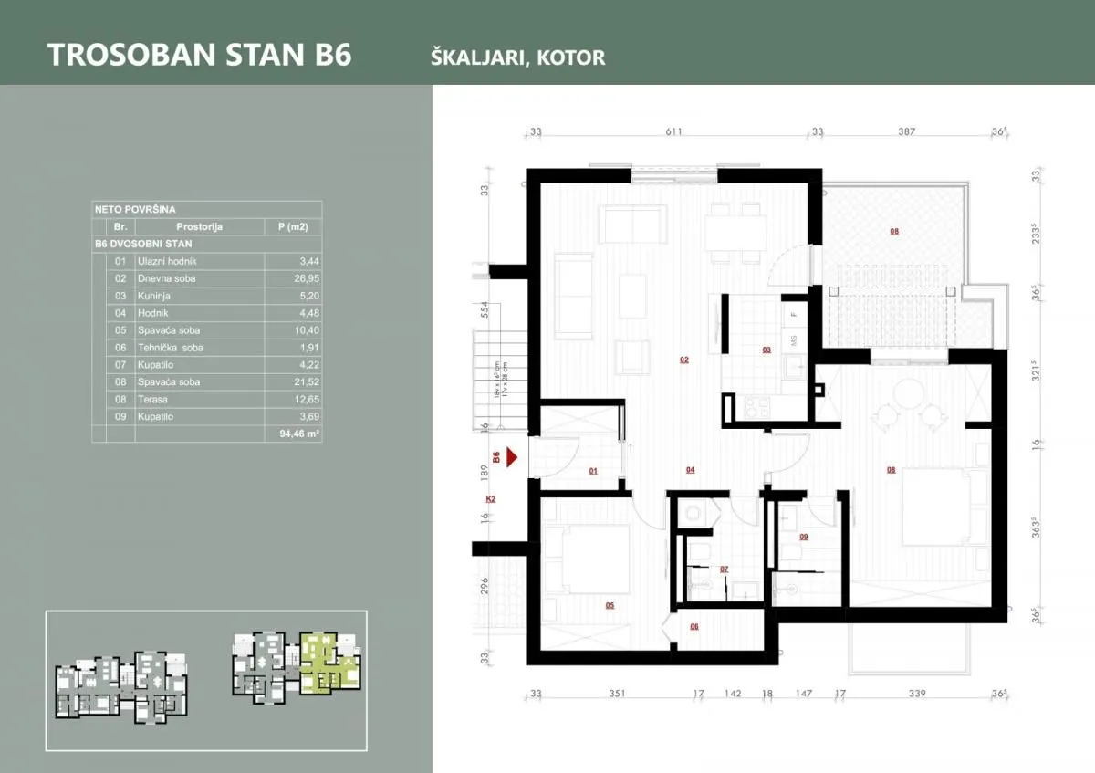Sale, three bedroom apartment, 94m², Kotor, Crna Gora