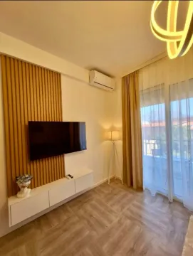 Living room with a TV, wooden wall panel, and access to the terrace. - image 2