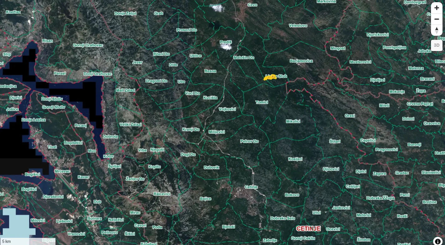 Satelitski snimak terena sa označenim katastarskim granicama i nazivima naselja.