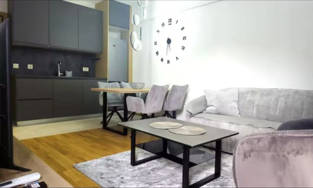 Modern living room connected with the dining area and kitchen.