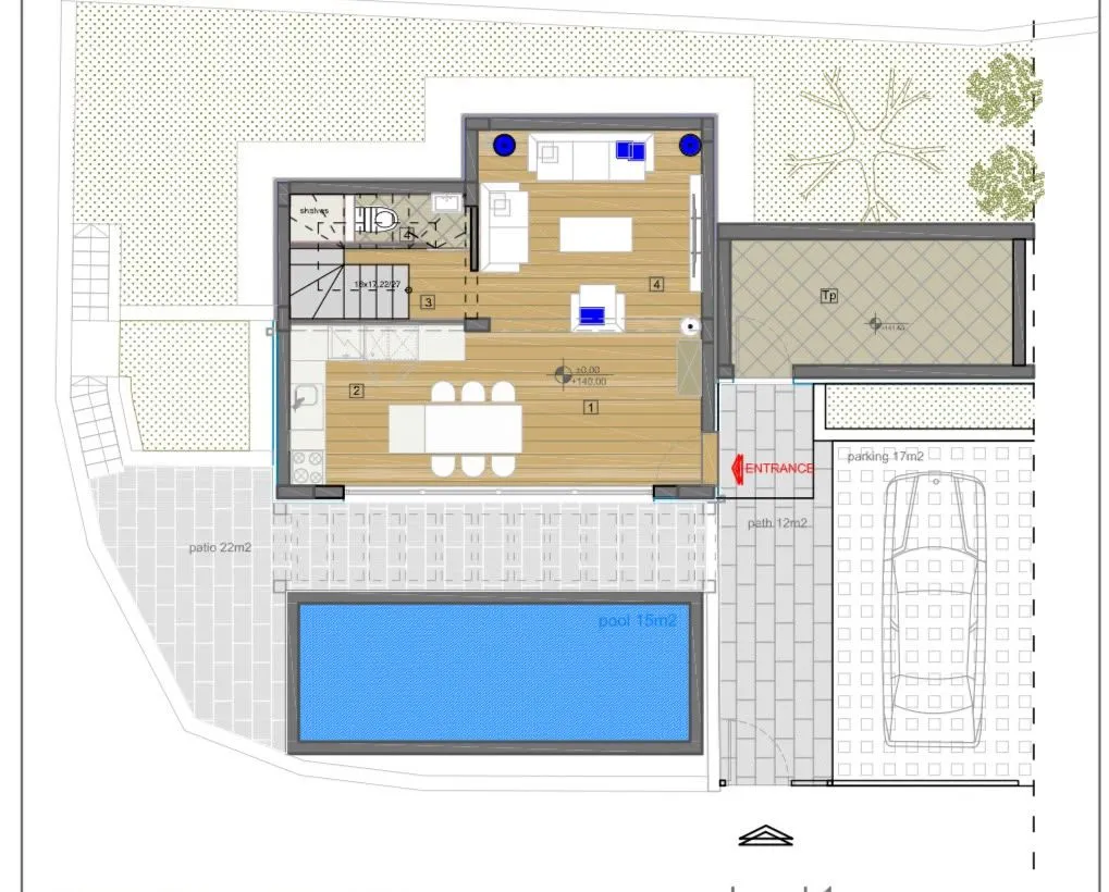 Architectural floor plan of the ground level showing room layout and exterior design.