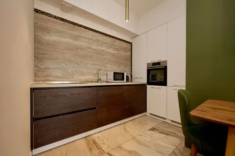 Moderna kuhinja sa tamnim drvenim i bijelim elementima. - image 11