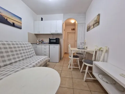 Living room with a sofa, dining table, and a small kitchen area. - image 18