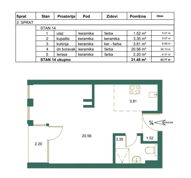 Sale, studio apartment, 31m², Centar, Kolašin