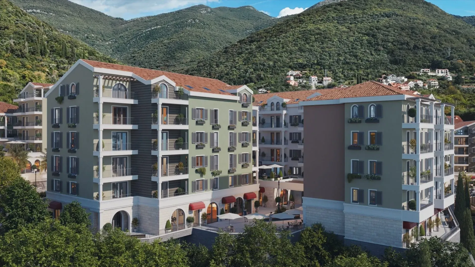 3D prikaz moderne stambene zgrade okružene zelenilom i brdima.