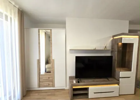 Dnevna soba sa TV komodom, ormarom i drvenim podom. - image 6