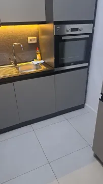 Moderna kuhinja sa sivim elementima i ugradnom rernom. - image 3