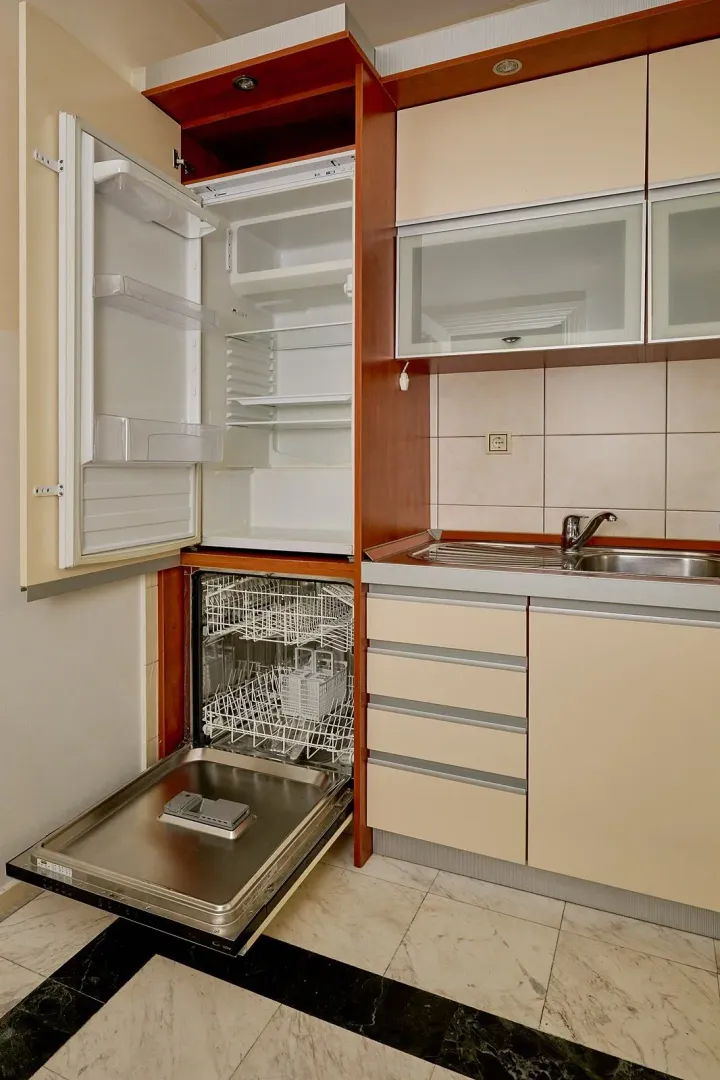 Manja kuhinja sa otvorenim frižiderom, mašinom za sudove i sudoperom.