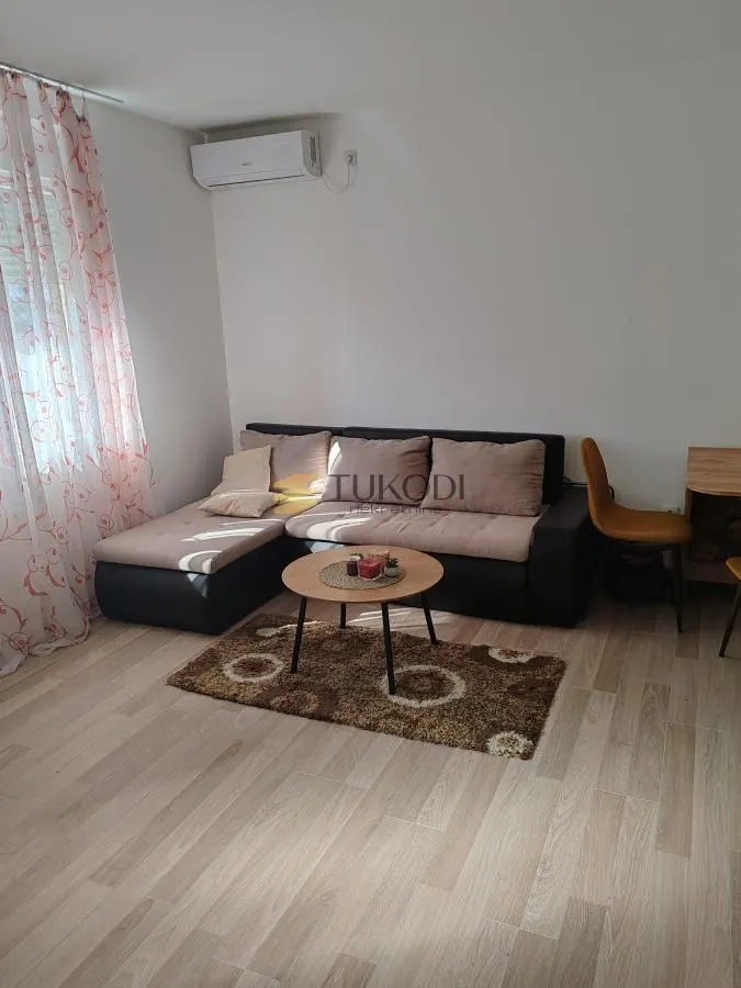 Living room with a sectional sofa, coffee table, and air conditioning unit.