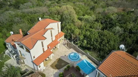 Aerial view of a house with a swimming pool and yard surrounded by greenery. - image 5