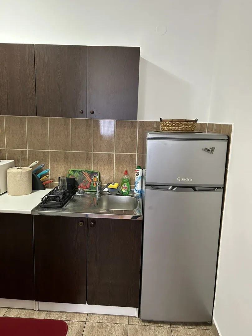 Kuhinjski elementi sa sudoperom i sivim frižiderom.