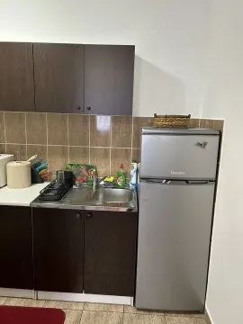 Kuhinjski elementi sa sudoperom i sivim frižiderom. - image 5