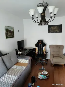 Living room with a sofa, armchair, and a desk. - image 16