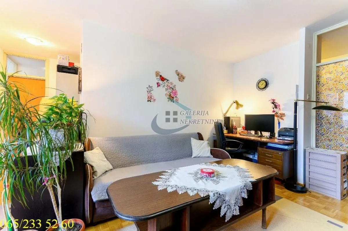 Living room with a sofa, coffee table and desk.