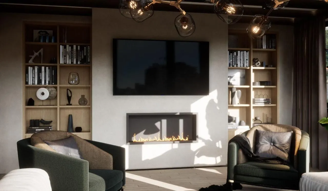 Living room featuring a fireplace, TV, and built-in bookshelves.