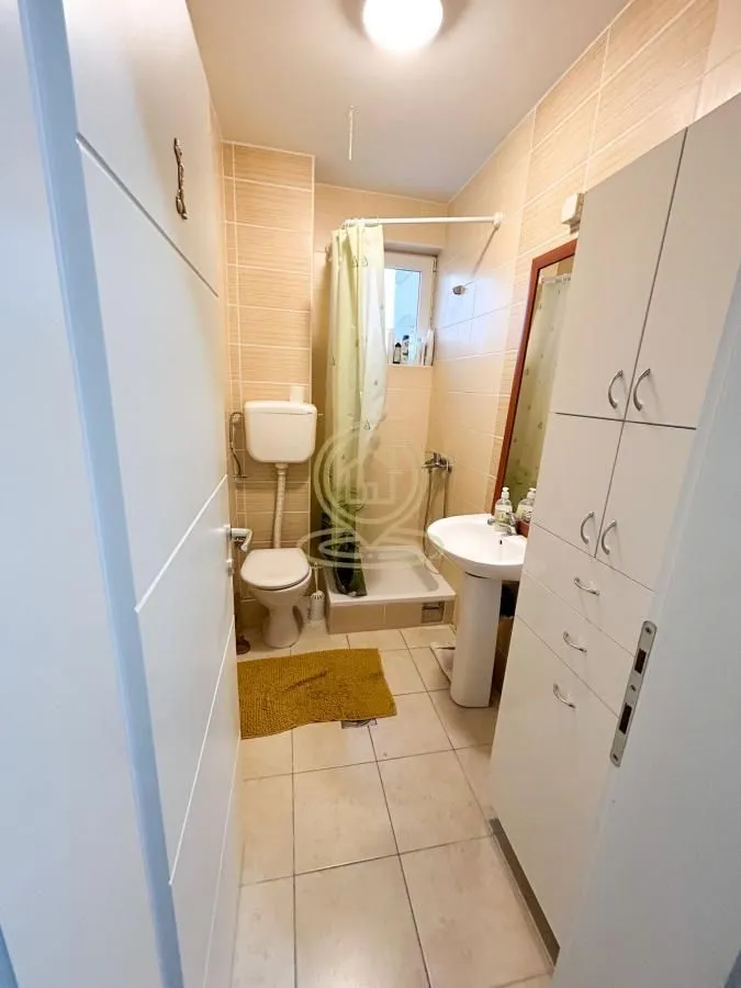Manje kupatilo sa tuš kabinom, umivaonikom, WC šoljom i ormarićem.